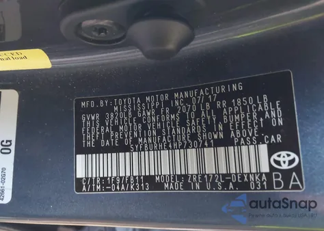 2017 Toyota Corolla Le из США, поврежденный, VIN 5YFBURHE4HP730741